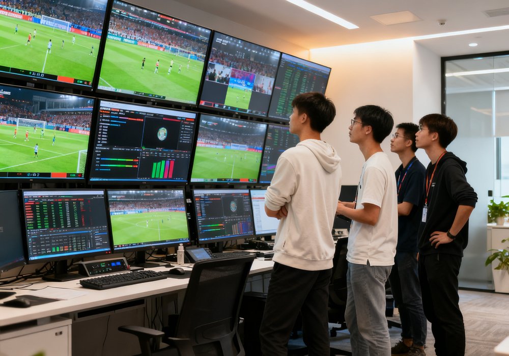 说球帝广州办公室内,年轻的技术团队正在多屏监控全球赛事直播信号的状态