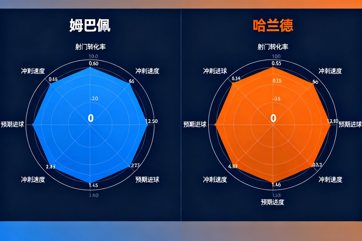 姆巴佩与哈兰德本赛季欧冠数据雷达对比图，包含射门转化率、冲刺速度、预期进球等维度